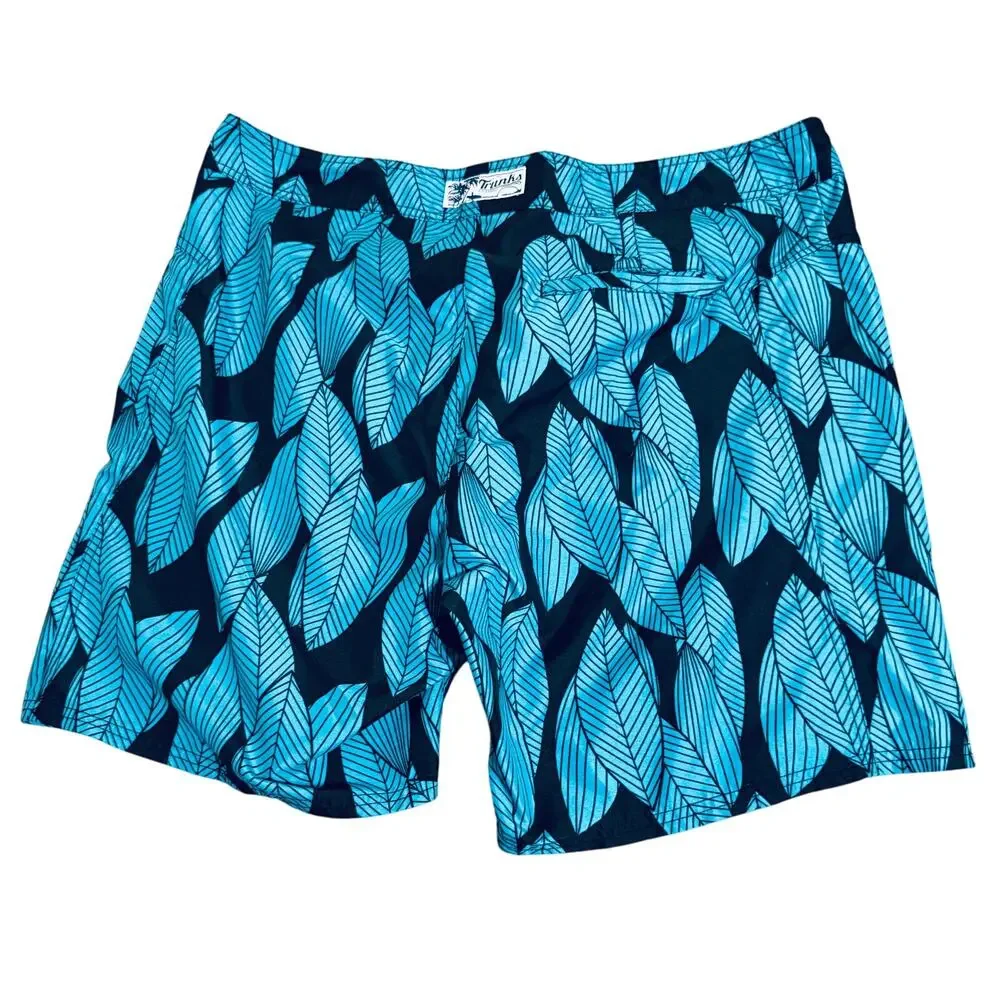 Trunks Surf & Swim Co.‎ Size 38 Men Swim Shorts Lined Blue Black Leaves Ocean